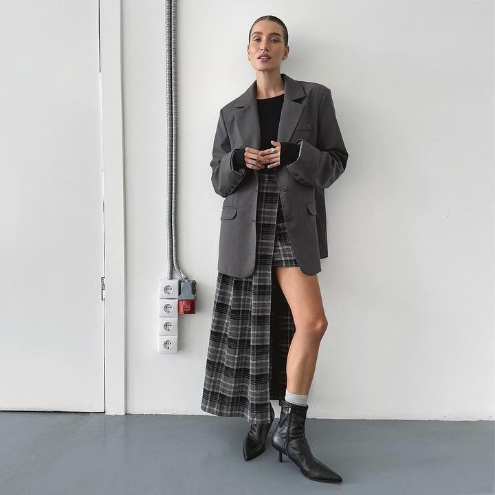 Blazer jacket for women with asymmetrical skirt combination and graphic check pattern Lune London