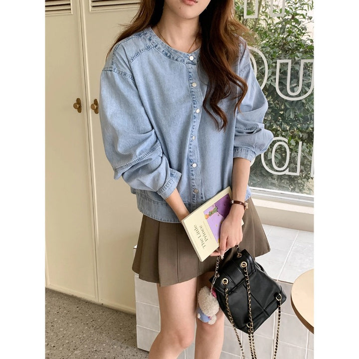 Women's fashionable denim blouse with puff sleeves Chic & Stil