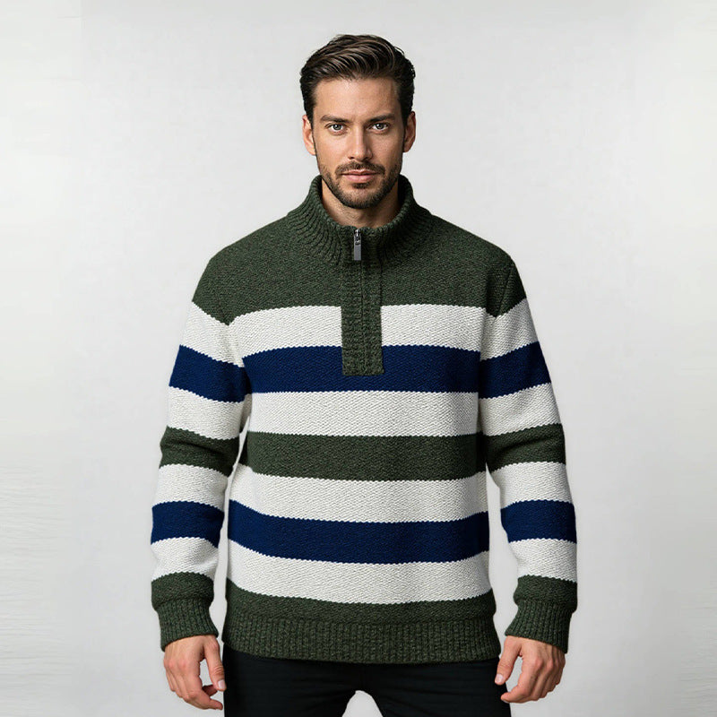 Trendy knitted sweater for men with half-zip and striped design Lune London