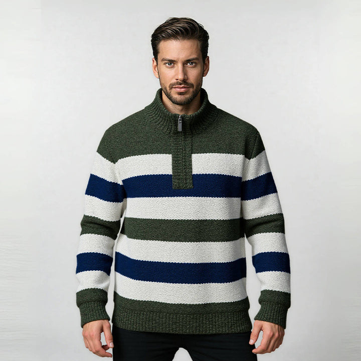 Trendy knitted sweater for men with half-zip and striped design Lune London