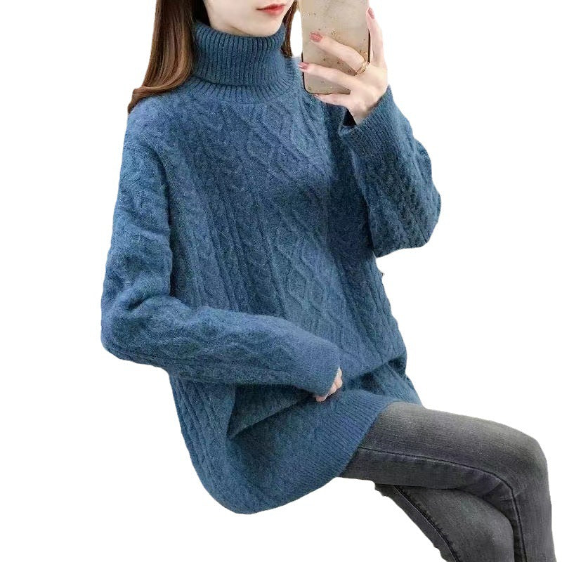 Chunky knit sweater for women with high collar and cable pattern Lune London