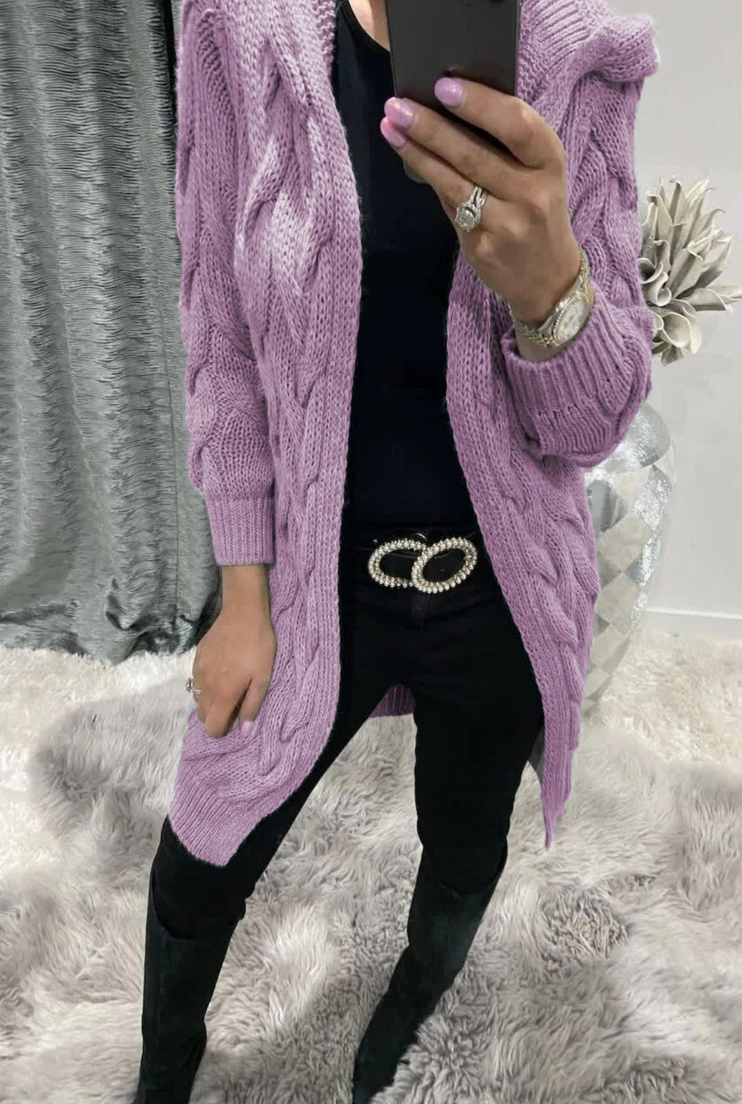 Knitted jacket for women with deep pockets and artistic weaving design Lune London