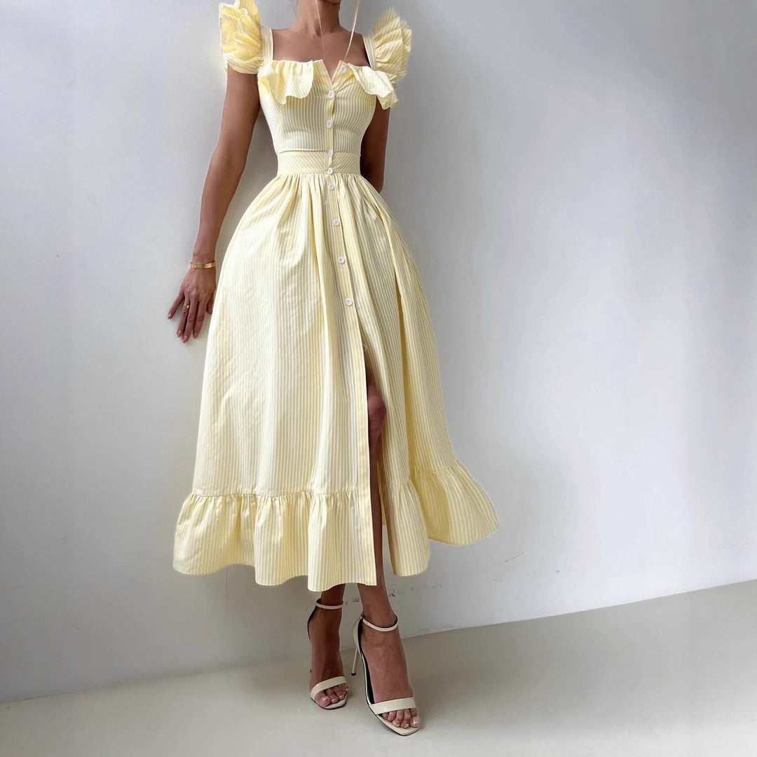 Summer ruffled dress for women with button details and flared skirt Lune London