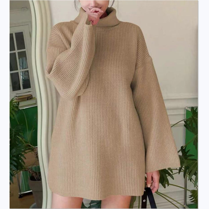 Ladies Long Knit Sweater with High Collar and Flared Sleeves Lune London