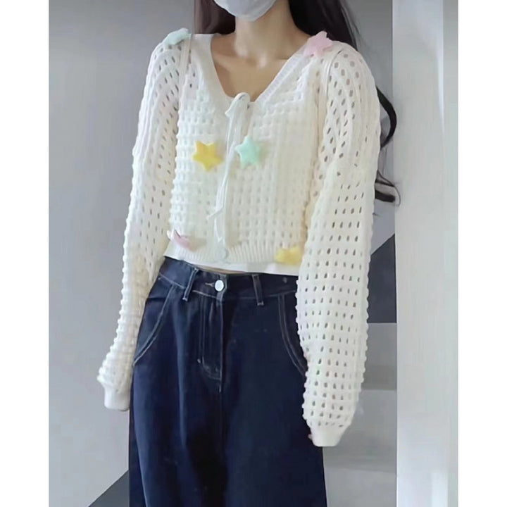 Ladies lightweight cardigan with colorful star appliqués and drawstring Lune London