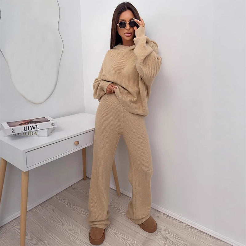 Women's Cozy Knit Loungewear Set with Loose Fit and Chic Hood
