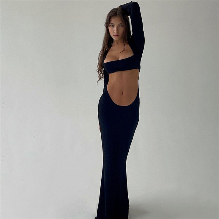 Lune London Long Sleeve Cut-Out Maxi Dress for Women with Fitted Cut