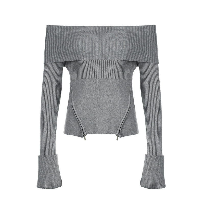Women Knit Off-Shoulder Top with Longer Sleeves and Fine Ribbed Details Lune London
