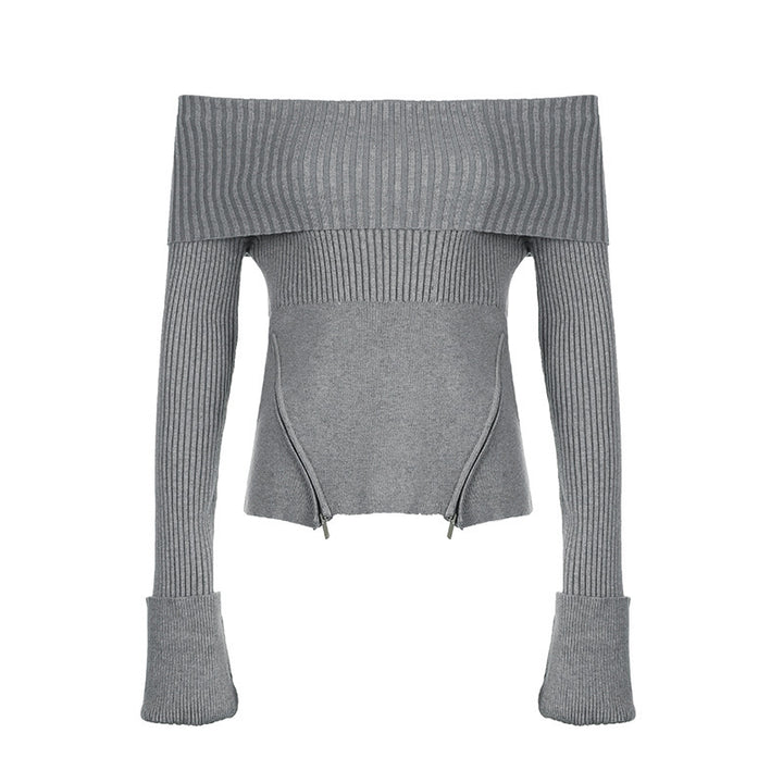 Women Knit Off-Shoulder Top with Longer Sleeves and Fine Ribbed Details Lune London