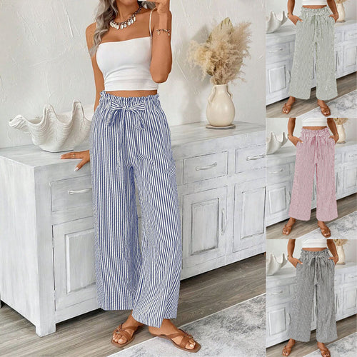 Wide striped leisure trousers for women with a tie belt Lune London