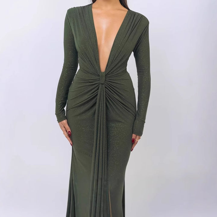 Ladies Elegant Wrap Dress with Deep V-Neck and Chic Fitted Design