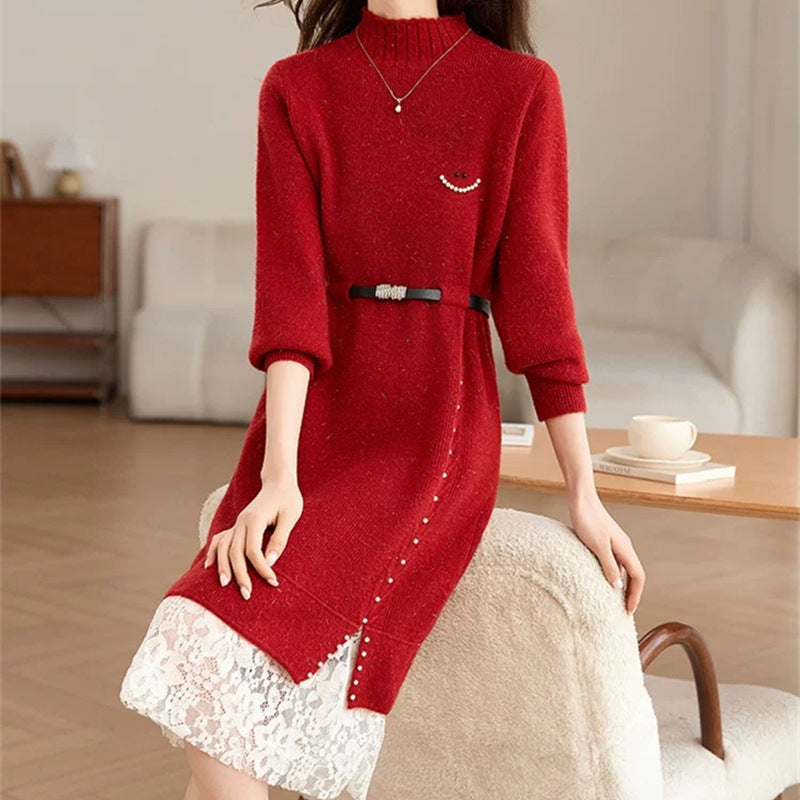 Women's knit dress with decorative button details and lace Lune London