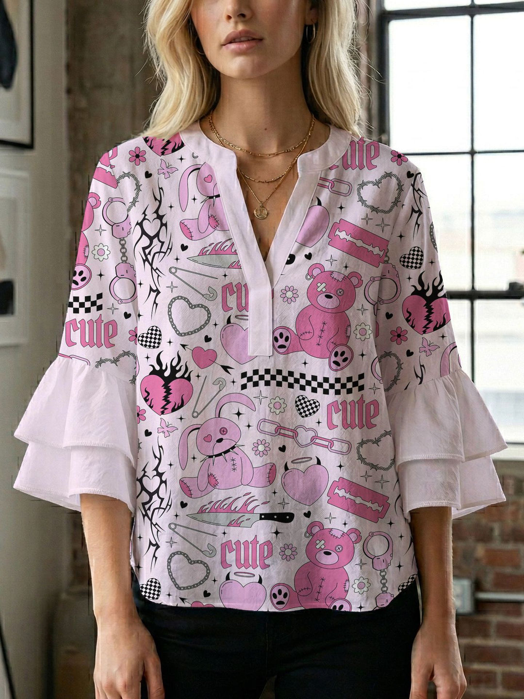 Women's blouse shirt with voluminous sleeves and creative print design Lune London