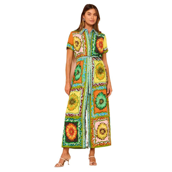 Chic & Stil Women's Maxi Dress in Floral Patchwork with Concealed Button Closure and Waist Belt