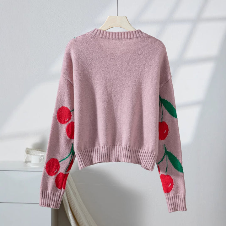 Casual sweater for women with fruity cherry pattern and soft knit Lune London