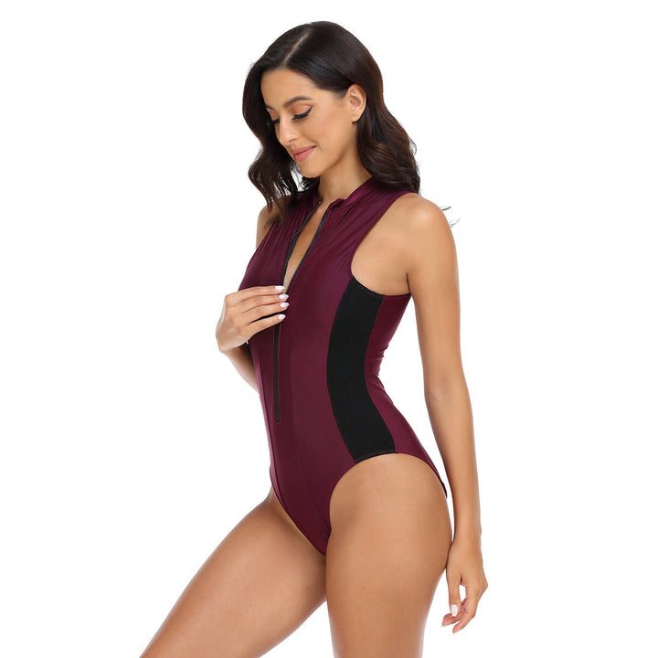 Women's sporty one-piece swimsuit with high collar and long zipper Lune London