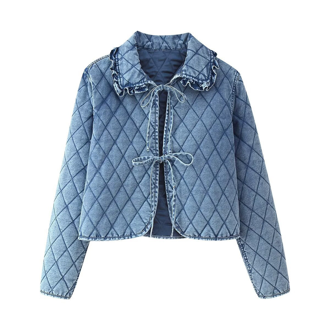 Quilted denim jacket for women with fringed collar Lune London