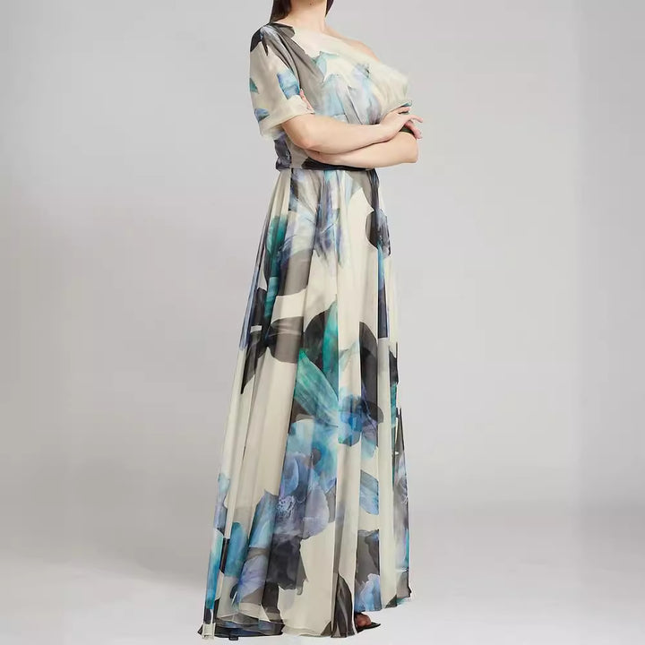 Women elegant chiffon dress with off-shoulder design and floral pattern Lune London
