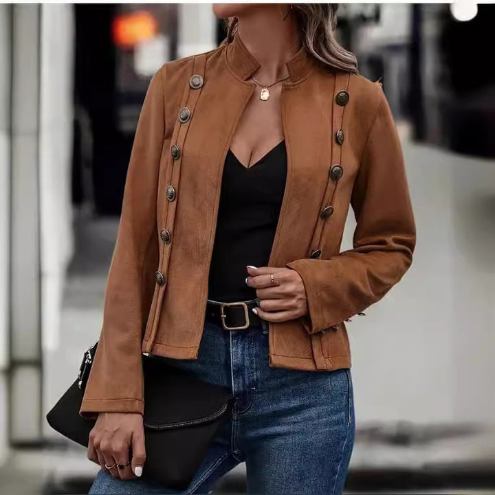Trendy short women's jacket with classic stand collar and decorative button details Lune London