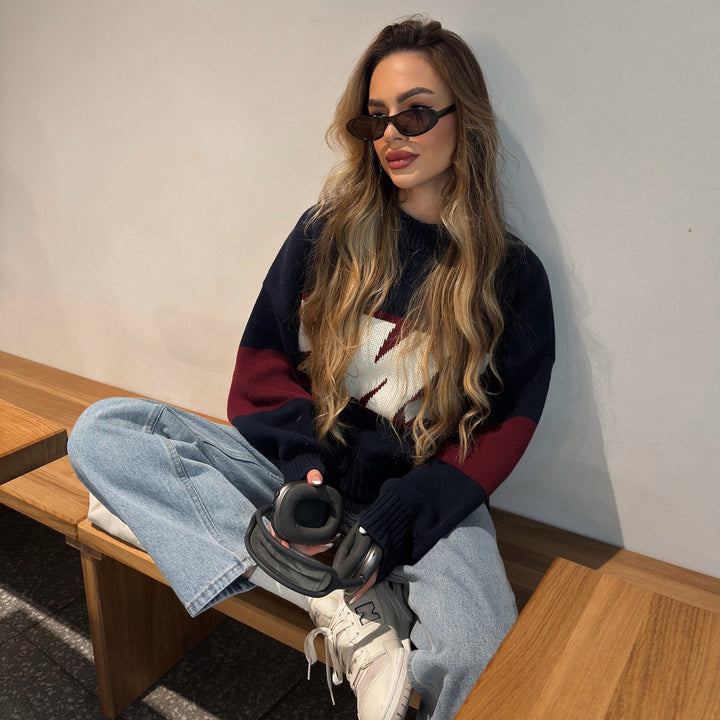 Sporty knitted sweater for women with creative graphic design and loose fit Lune London