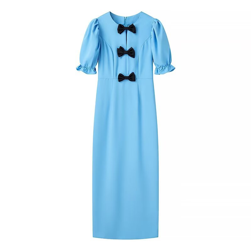 Ladies Elegant Maxi Dress with Unique Bow Detail and Puff Sleeve Design Lune London