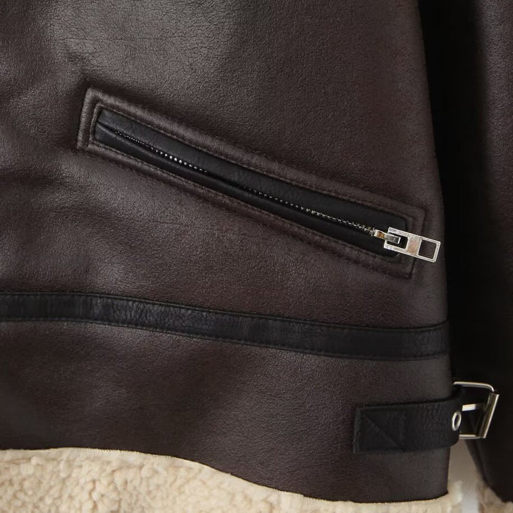 Faux leather jacket for women with warm Sherpa lining and practical zip pockets Lune London