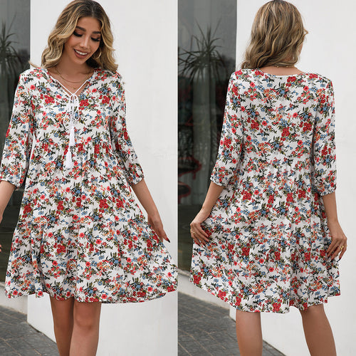 Light floral dresses for women with ruffle details and tie Lune London