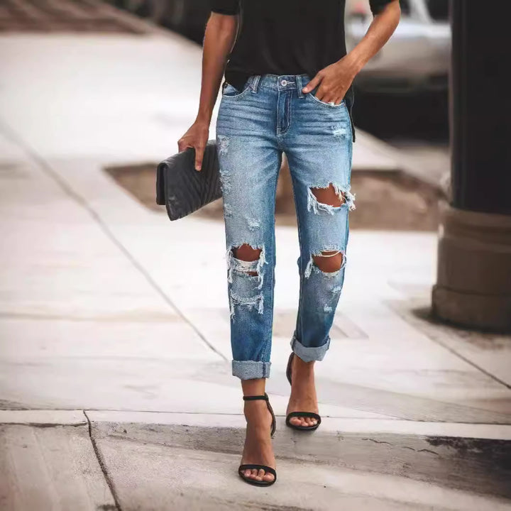 Women Destroyed Boyfriend Jeans in casual style with high tear details Lune London