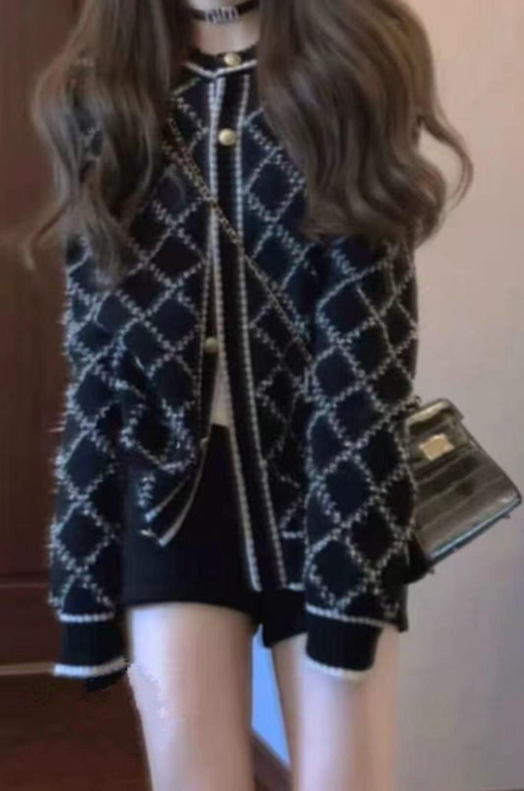 Elegant diamond pattern knitted women's cardigan with gold buttons Lune London