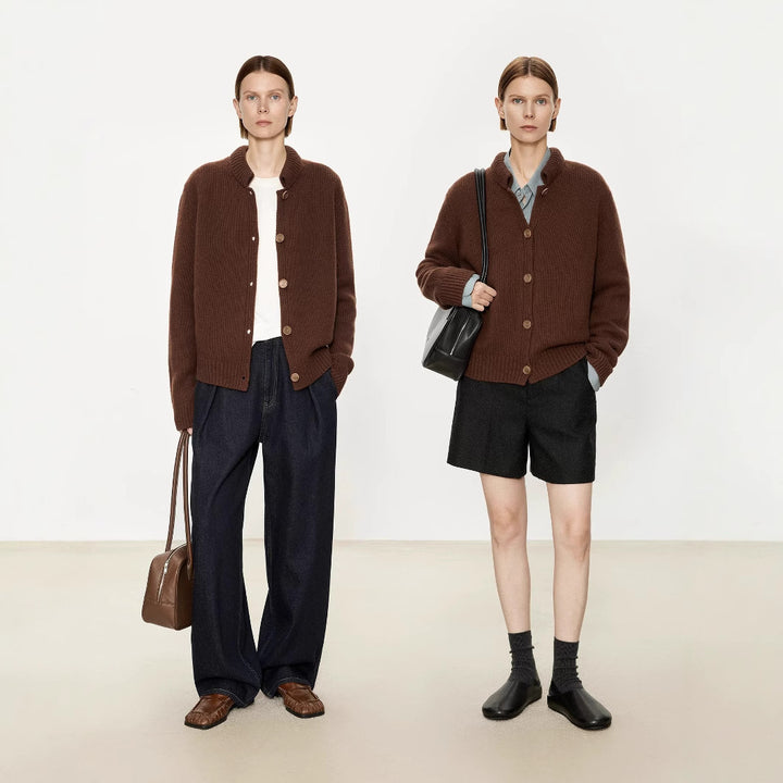 Buttoned knit jacket for women with elegant high collar Lune London
