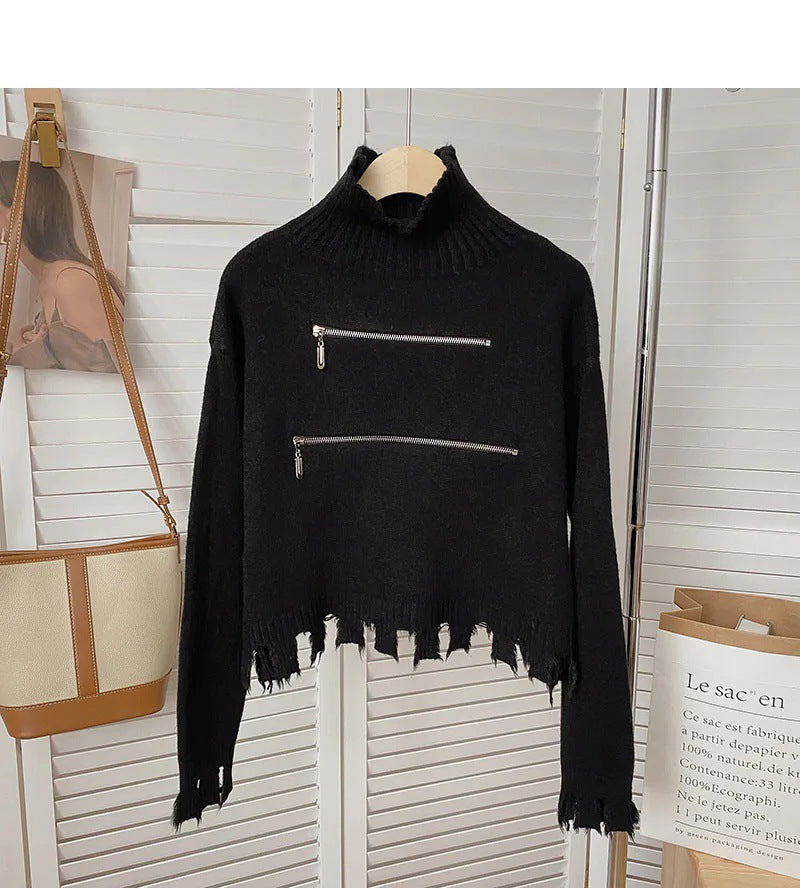 Women's Stylish Funnel Neck Sweater with Two Asymmetric Zip Pockets and Fringed Hem Lune London