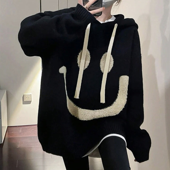 Ladies Oversized Casual Sweater with Smiley Pattern Lune London