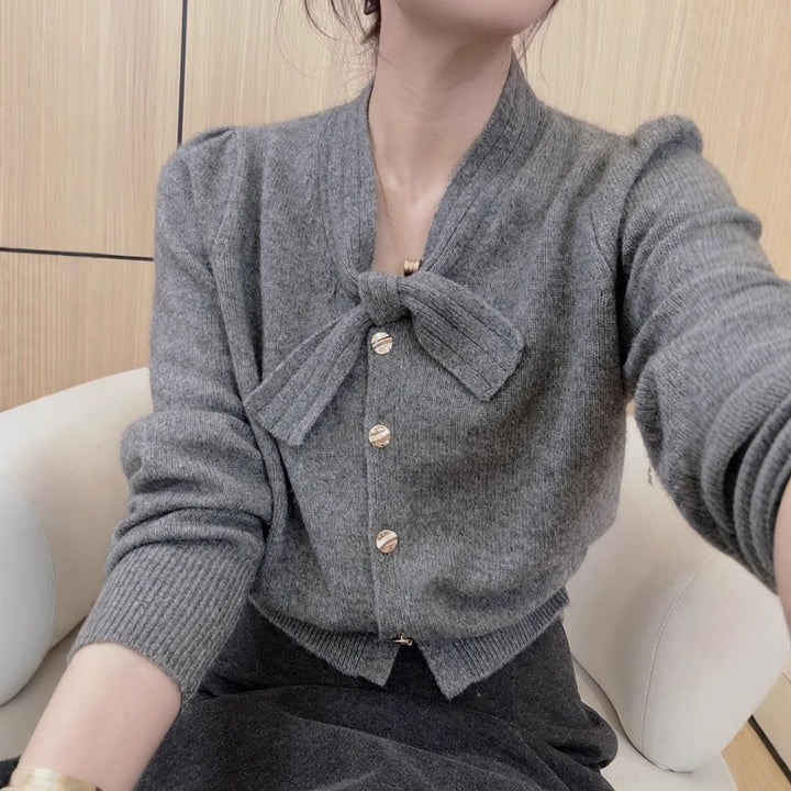 Elegant knitted jacket for women with bow accent and high-quality buttons Lune London