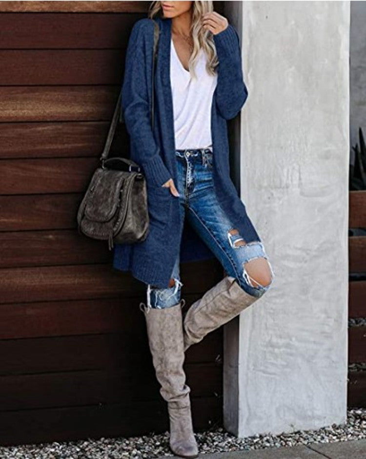 Women Long knitted cardigan with open front and cozy texture Lune London