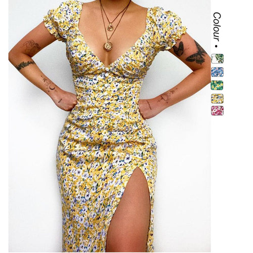 Women's floral pattern maxi dress with deep neckline and tailored fit Lune London