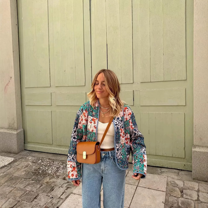 Fashion quilted jacket for women with a colorful floral patchwork design Lune London