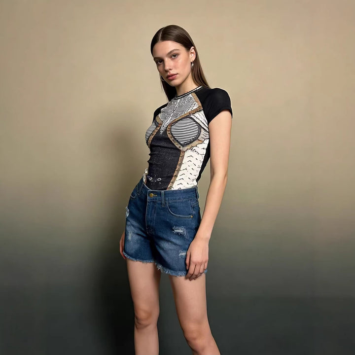 Ladies Crop Top and High-Waist Jeans Shorts Lune London