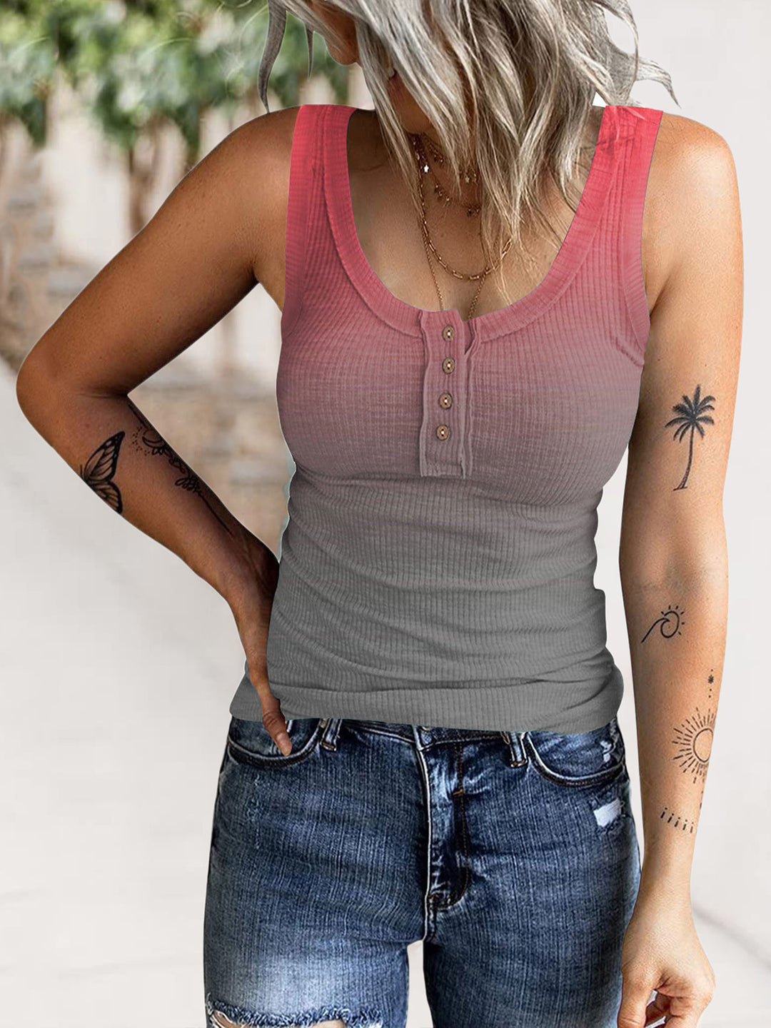 Ladies Comfortable Tank Top with Button Placket and Ribbed Structure Lune London
