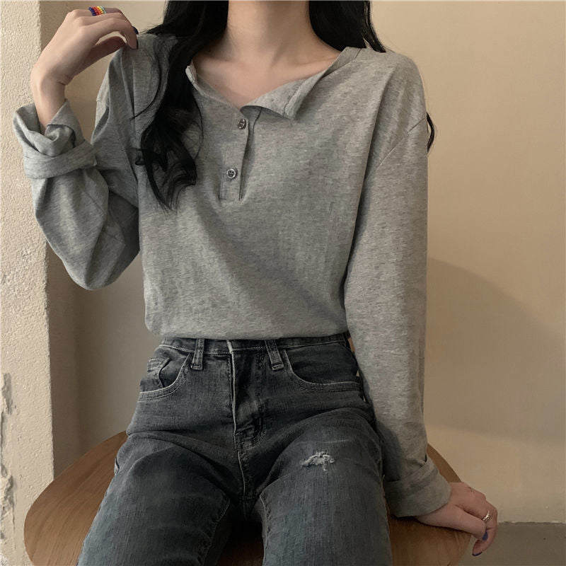 Women's Long Sleeve Henley Shirt with Modern Collar and Continuous Button Placket Lune London