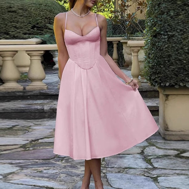 Women's Elegant A-Line Midi Dress with Spaghetti Straps and Soft Fabric Lune London