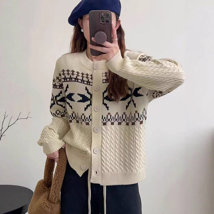 Women's knitted jacket with traditional patterns and large buttons Lune London