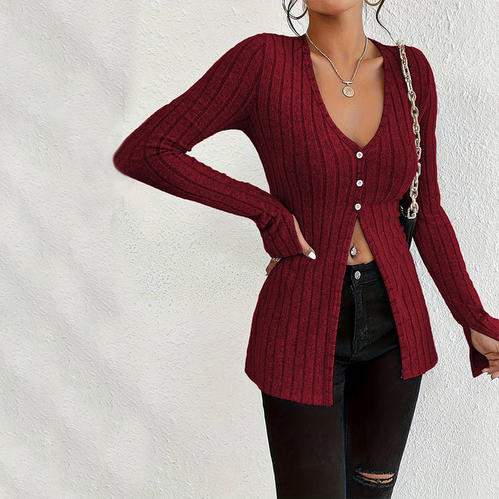Cardigan pour femme à manches longues avec texture à côtes fines et détails de boutons élégants Chic & Stil