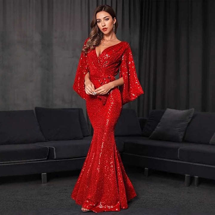 Women's Glamorous Sequin Evening Dress with Deep V-Neck and Flowing Skirt Lune London