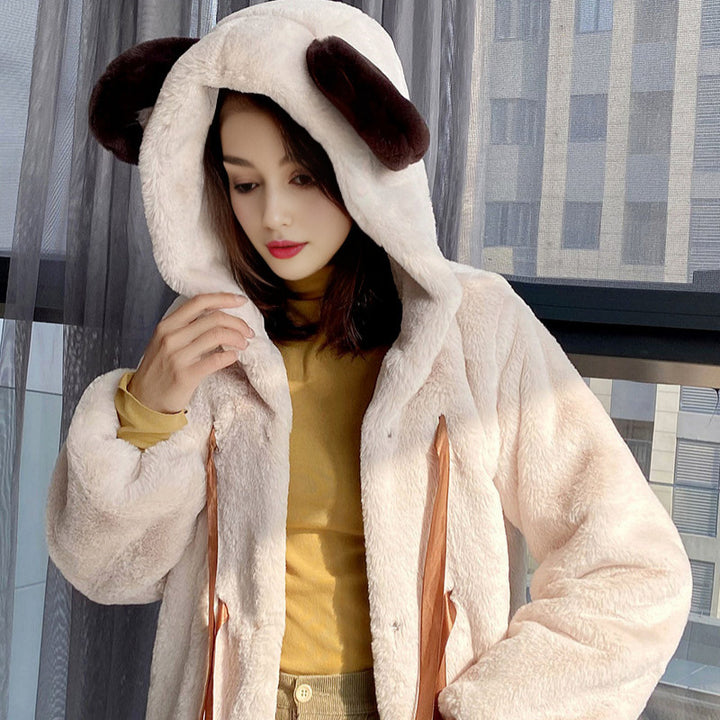 Ladies Cozy Faux Fur Jacket with Hood and Bow Details Lune London
