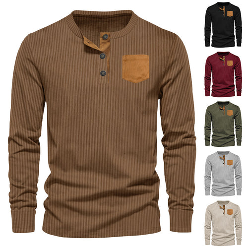 Men's Long Sleeve Henley T-Shirt with Ribbed Design and Practical Chest Pocket Lune London