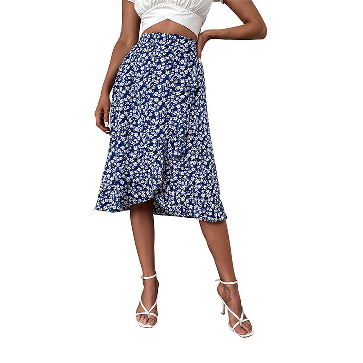Floral midi skirt for women in high-low with asymmetrical hem Lune London