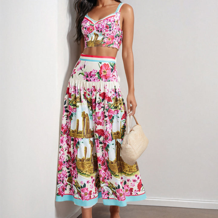 Ensemble floral à deux pièces pour femmes avec détails en dentelle et volants Chic & Stil