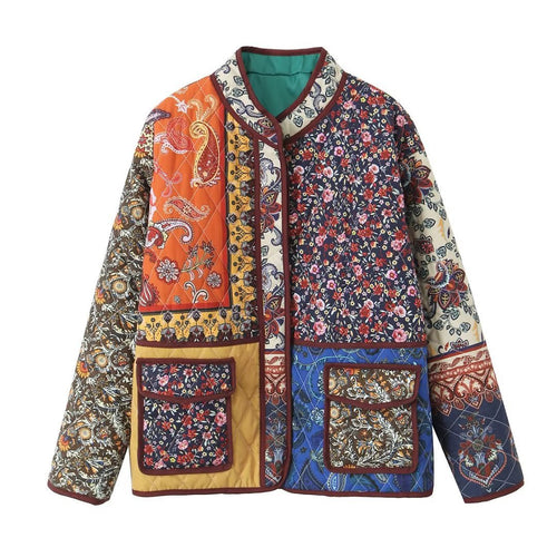 Lady quilted patchwork jacket with practical pockets and colorful pattern Lune London