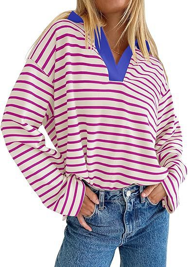 Casual striped summer sweater for women with V-neck and long sleeves Lune London