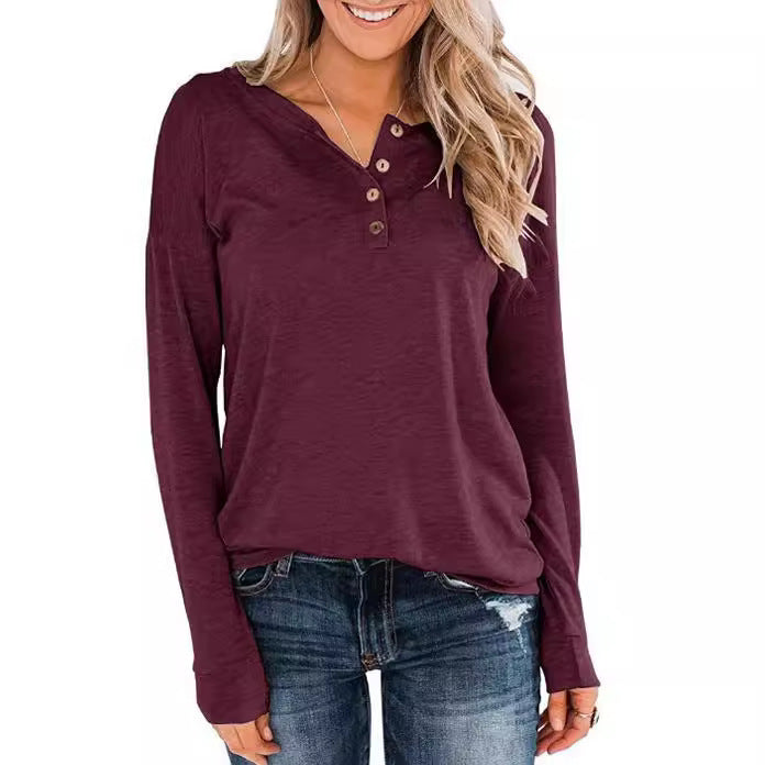Women’S Fashionable Long Sleeve Henley Shirt with Button Placket Lune London